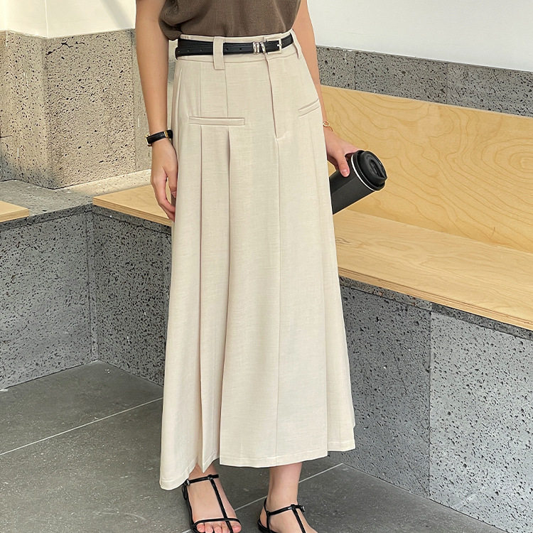 翡格依GN西装裙女秋百褶裙高腰显瘦A字大摆半身裙优雅伞裙送腰带