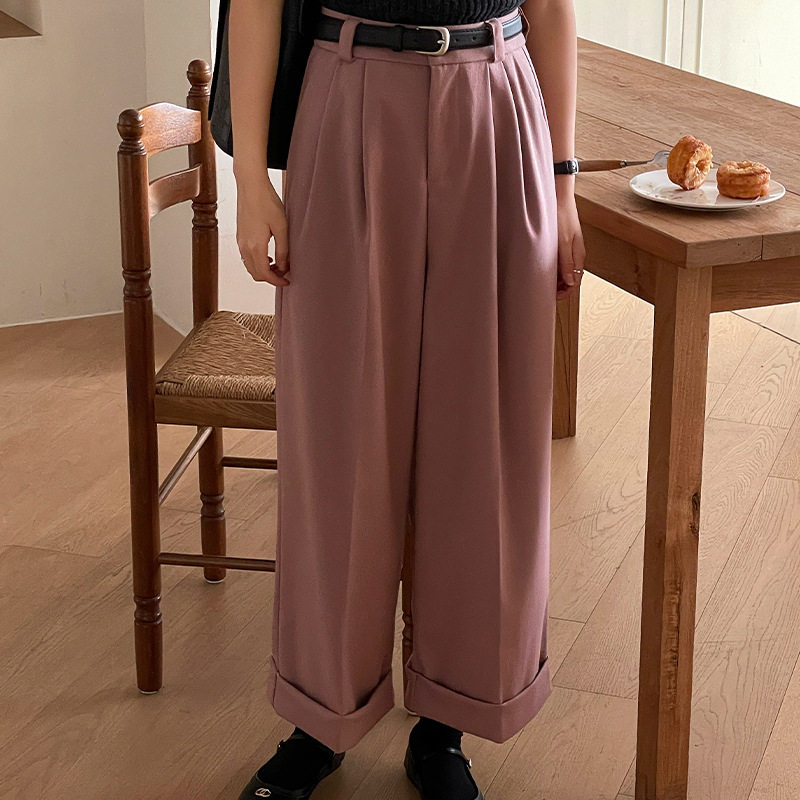 翡格依GN毛呢卷边西装裤女秋冬双面尼阔腿裤宽松高腰显瘦送腰带