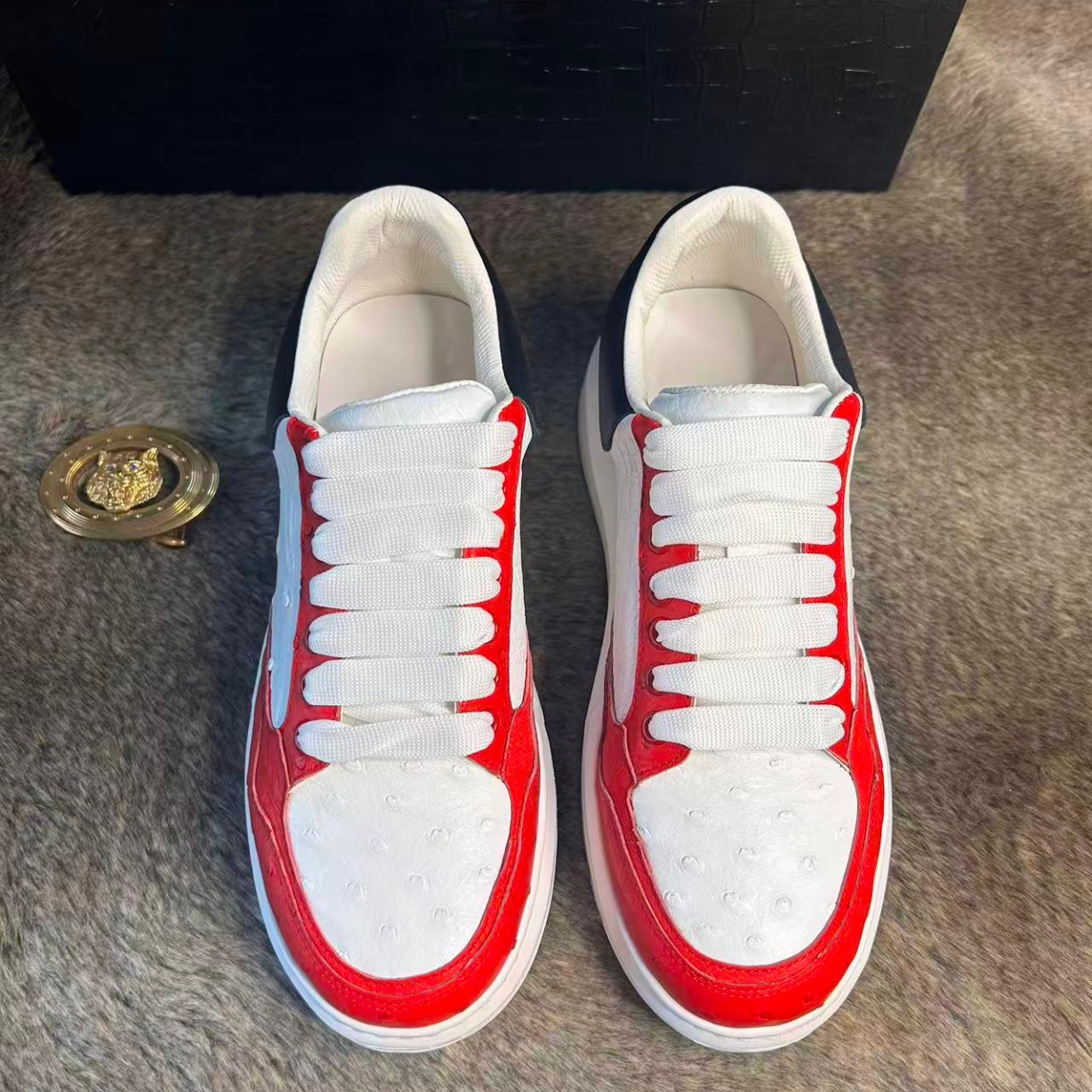 真鸵鸟皮鞋红白拼色欧美时尚男鞋