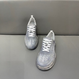 鞋子男鞋全鸵鸟皮鞋顽刻板鞋灰色撤柜清仓轻质舒适正品真皮休闲鞋