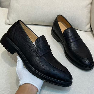 全真鸵鸟皮鞋男士休闲一脚蹬懒人鞋撤柜清仓真皮男鞋商务百搭男鞋