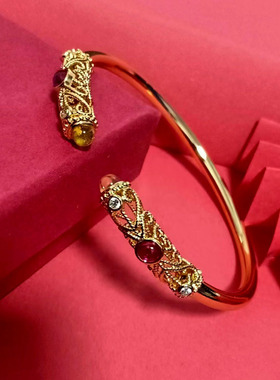 天然蜜蜡琥珀中古风彩红刚玉手镯 古法吉祥花丝镂空手环送母亲节