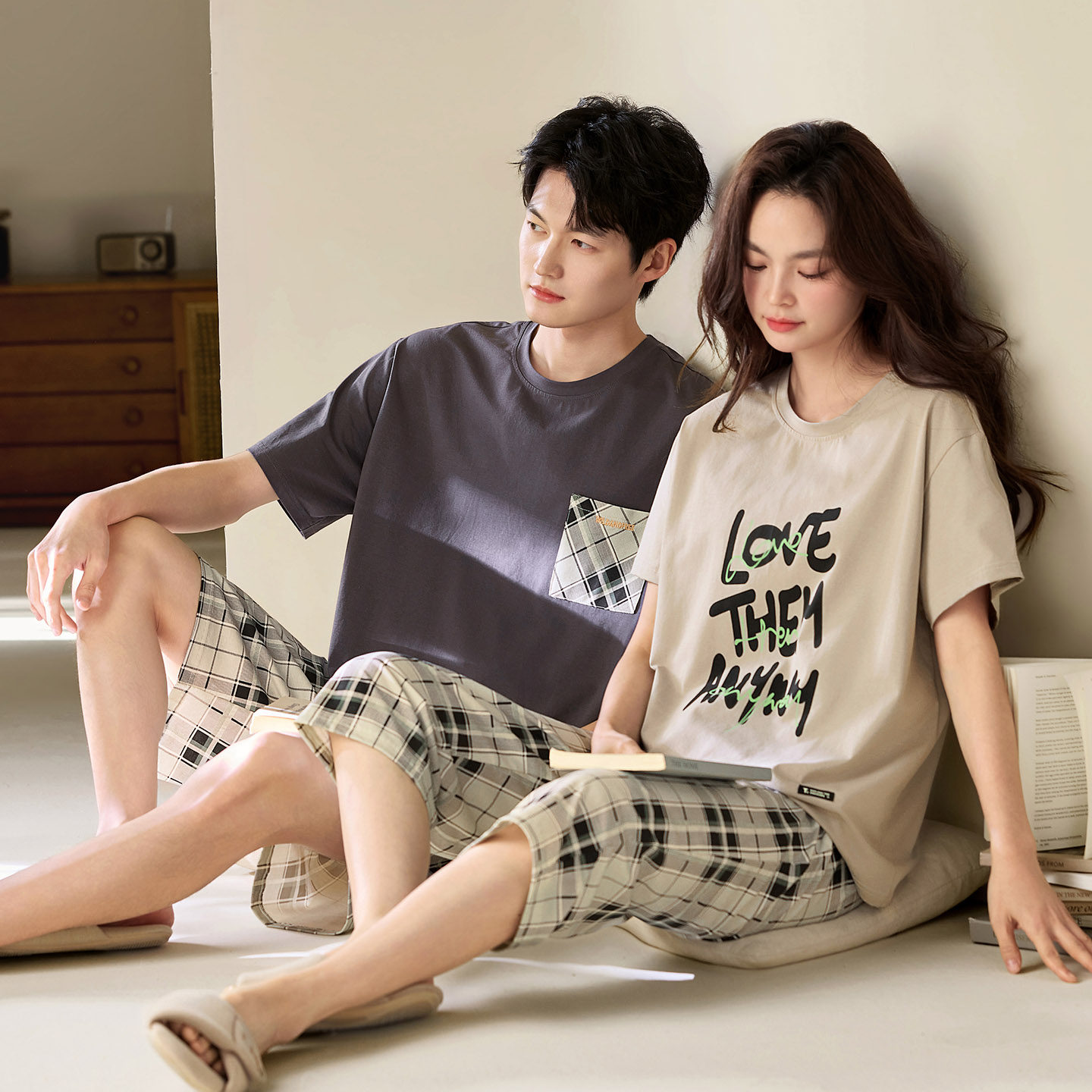 新款爽棉情侣睡衣夏季短袖七分裤开衫男女士可外穿家居服套头套装