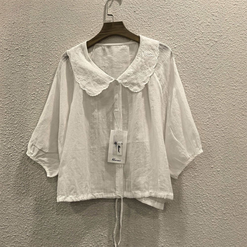 日系森女白色苎麻娃娃领衬衫女夏