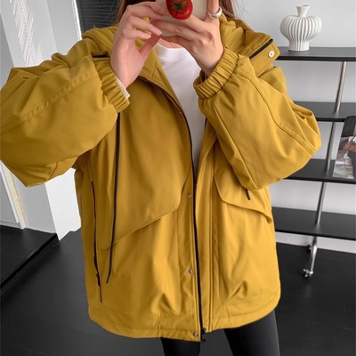 工装连帽90绒中长款羽绒服女冬季