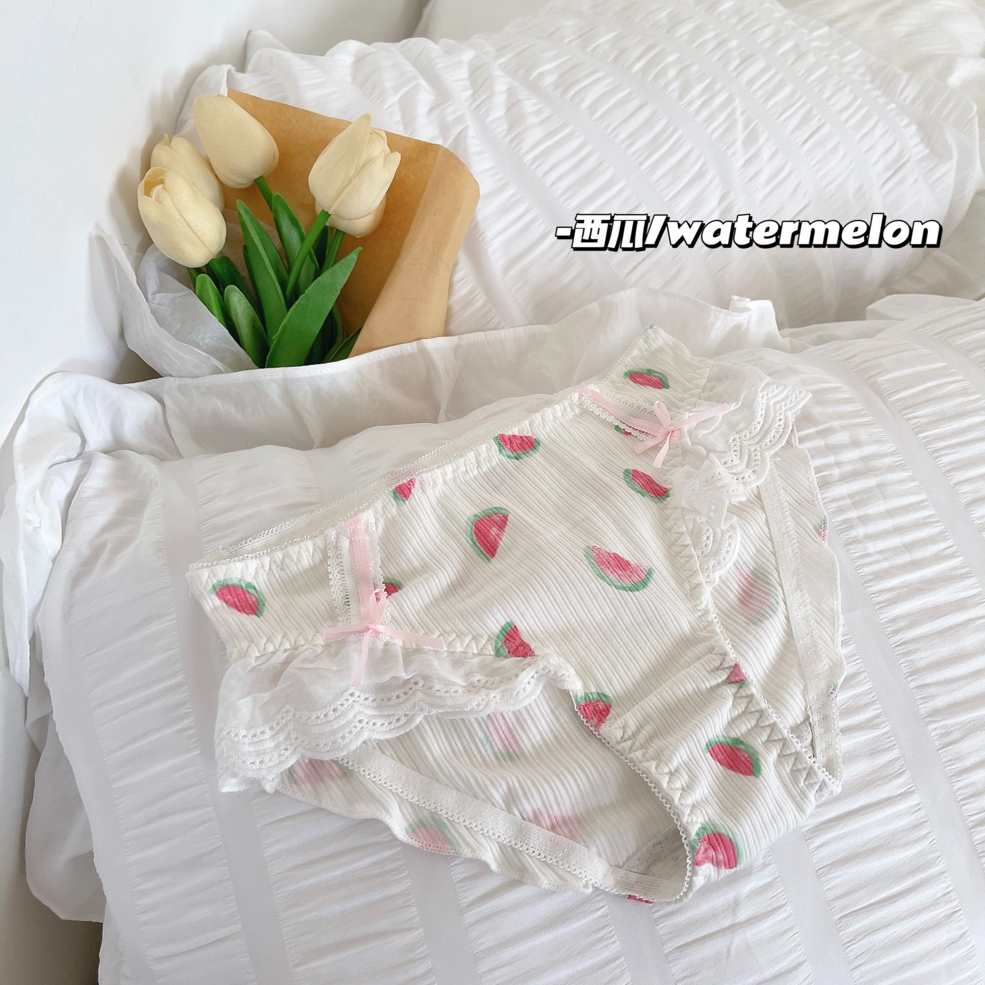 蕾丝边低腰飞边女士内裤清新日系卡通印花云朵水果草莓风少女内裤