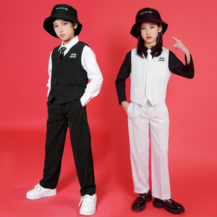 儿童popping演出服男童西装locking马甲痞帅西服女童街舞表演服装