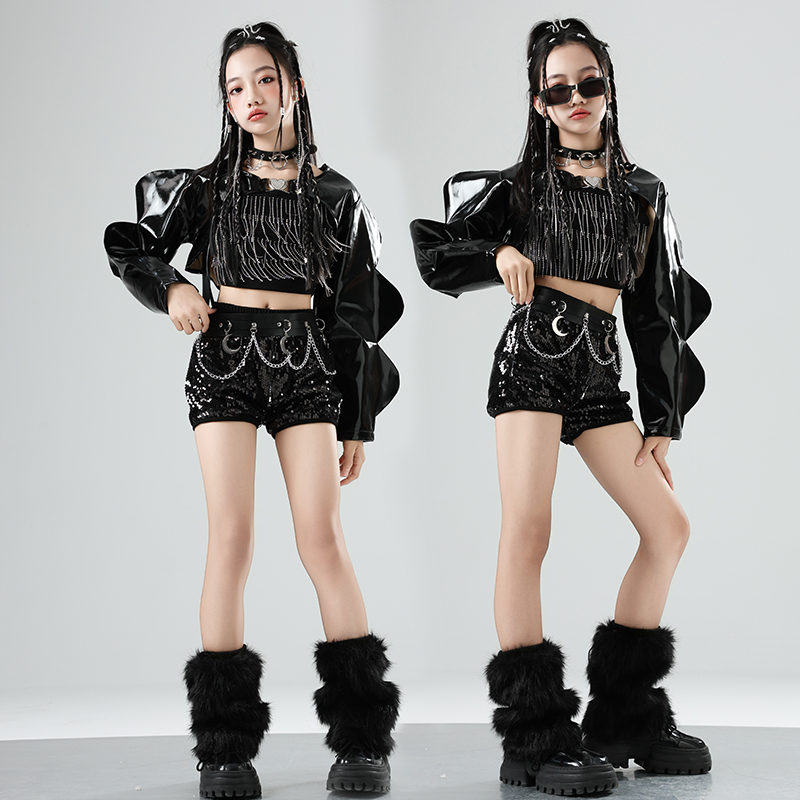 女童黑色朋克套装爵士舞潮服少儿打歌表演服模特T台走秀街舞服装