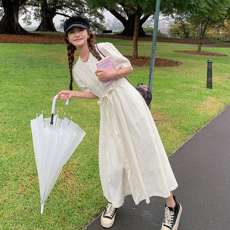 韩版休闲显瘦小个子连衣裙女2025夏季新款甜美减龄白色泡泡袖裙子图片