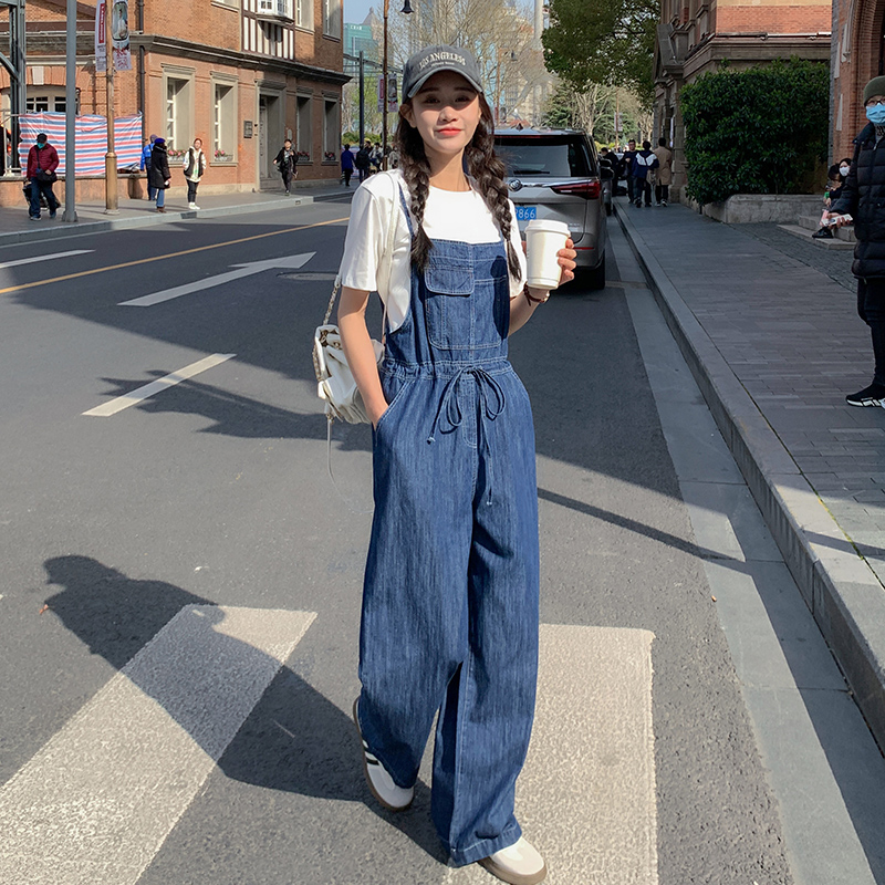 薄款韩版高腰宽松抽绳显瘦直筒牛仔背带裤连体裤女B190-P105-K158，女装连体裤，浙宝190