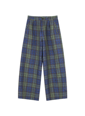 定制女装 色织亚麻格纹裤蓝格色高腰双褶复古工装风薄款0753