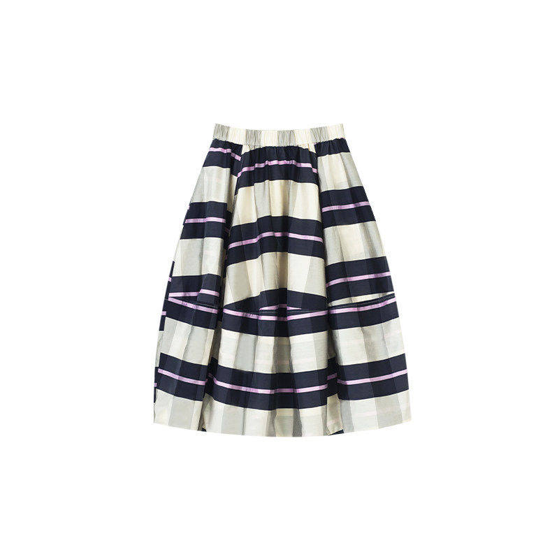 定制女装 条纹半身裙苎麻天丝棉混纺松紧腰大裙摆0524