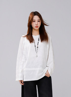 定制女装 绵羊毛竹纤维白色镂空长袖上衣宽松微透文艺打底衫0853