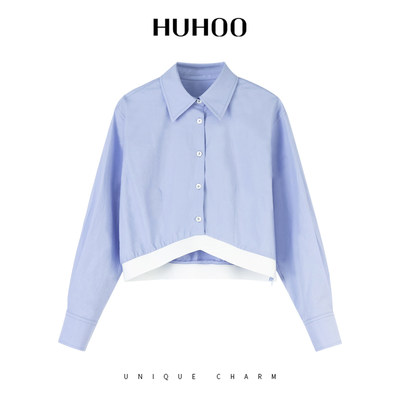 定制女装 浅蓝解构衬衫100%棉不规则下摆撞色拼接0584