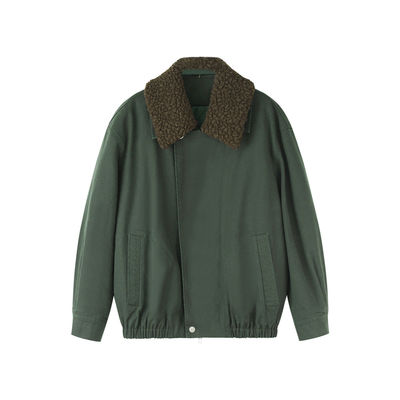 定制女装 纯棉外套绵羊皮毛领复古拼接风拉链时尚上衣1047