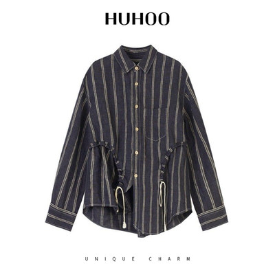 亚麻时尚高级感纯色翻领条纹衬衫