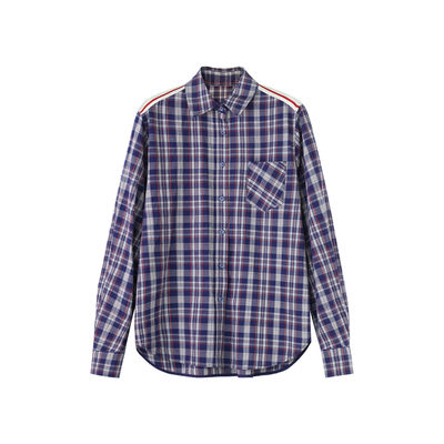 定制女装 天丝棉格纹衬衫红白条纹装饰宽松中性休闲上衣0862