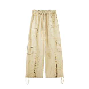 风拼接设计长裤 高腰抽绳直筒工装 0643 苎麻印花休闲裤 定制女装