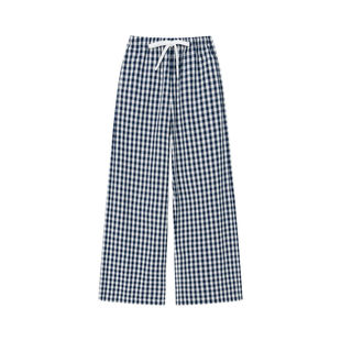 0314 撞色格纹直筒宽松显瘦阔腿直筒裤 定制女装 棉亚麻混纺休闲裤