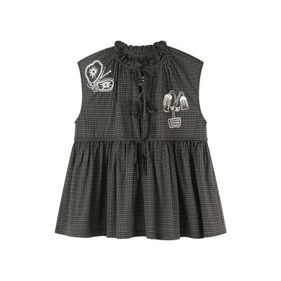 定制女装 亚麻混纺格纹上衣无袖宽松抽绳设计透气百搭0672