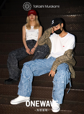 【官方正品】村上隆Flowers&Skulls提花牛仔工装裤浅蓝色灰色长裤