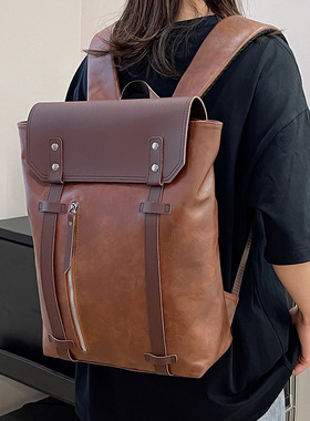 廿下复古双肩包简约商务复古15.6寸背包学院风学生书包休闲PU背包
