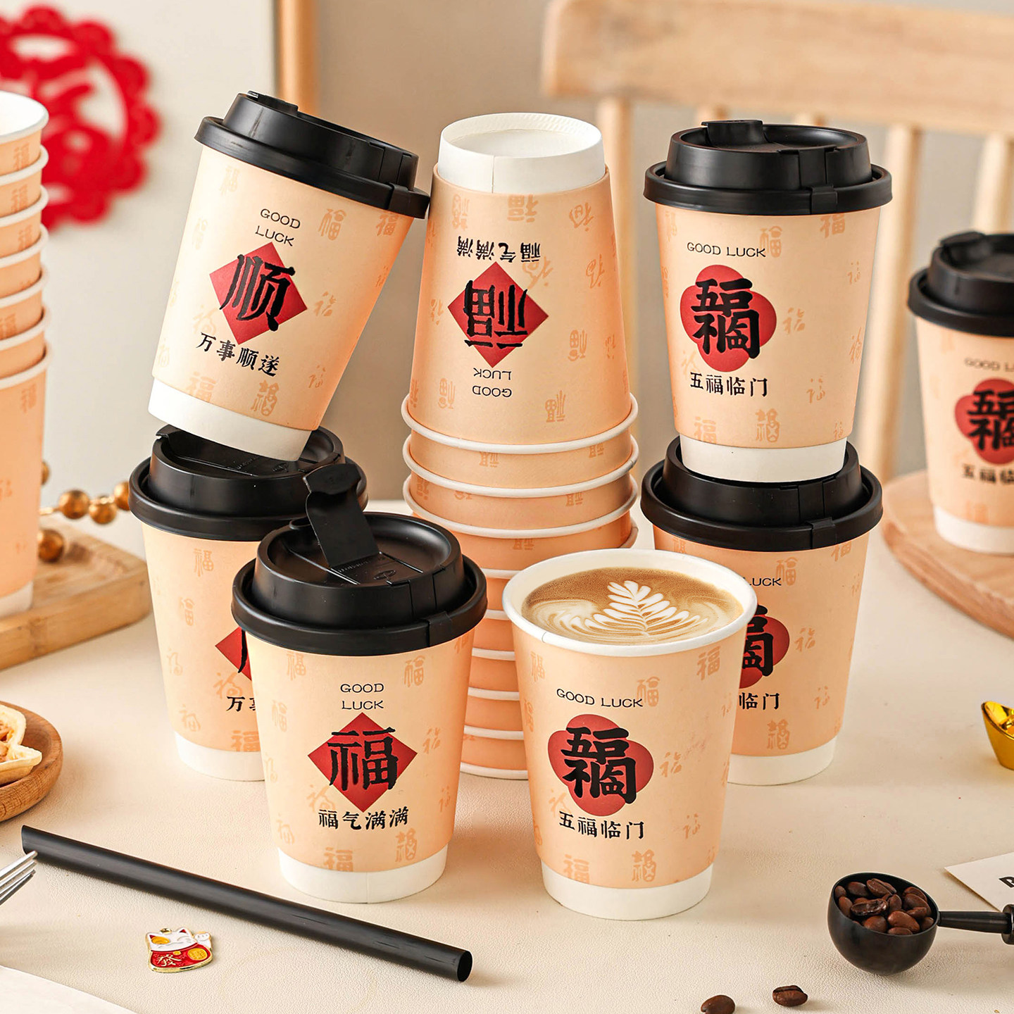一次性咖啡杯子带盖新年纸杯家用加厚食品级马年耐高温热饮高级感