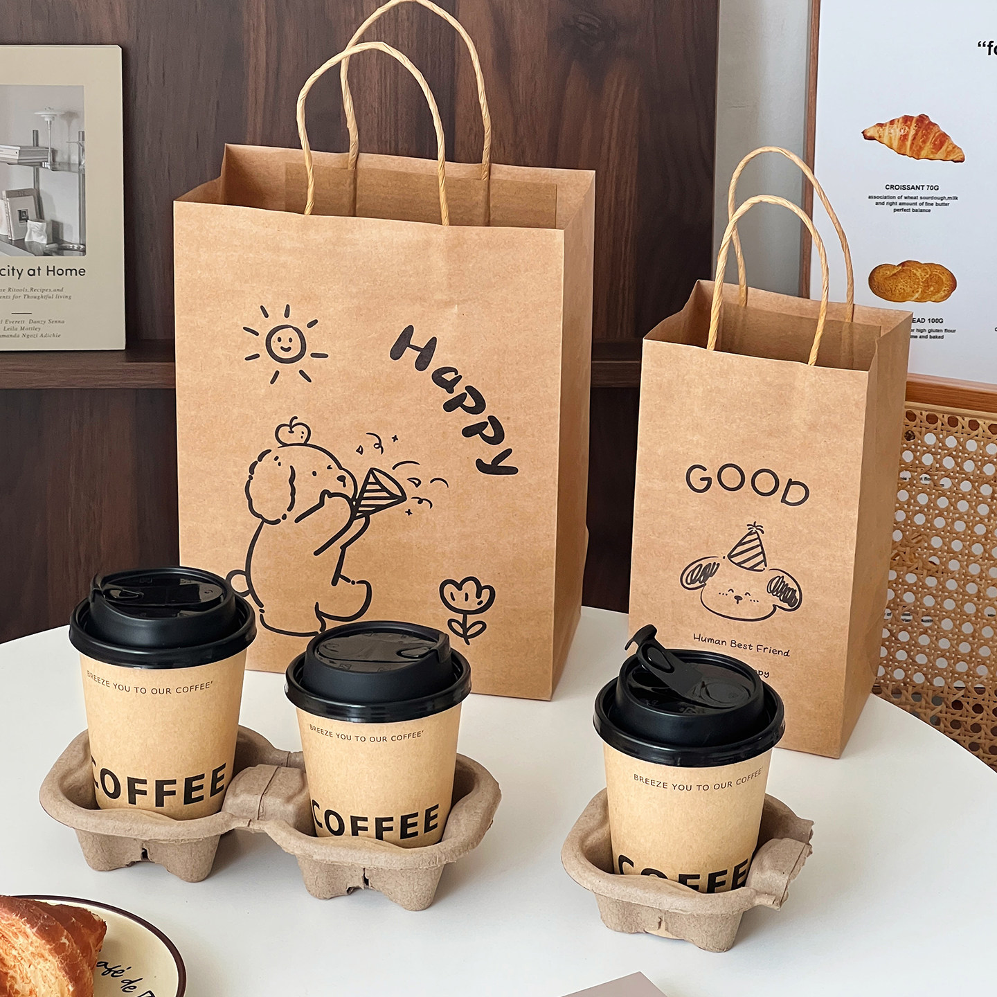牛皮纸袋咖啡打包袋奶茶包装食品礼物礼品袋外卖手提一次性带杯托