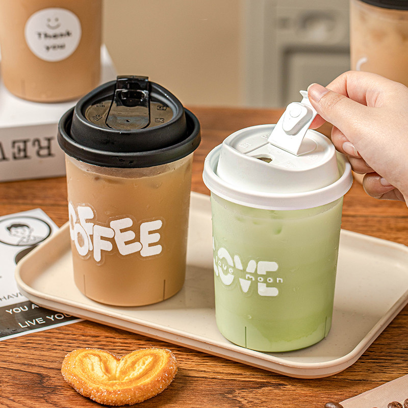 一次性咖啡杯子奶茶杯带盖饮料饮品塑料可循环使用家用重复店专用