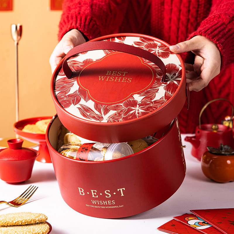 新年礼盒包装年货抱抱桶礼品物食马年空盒子糖果饼干春节红圆2026