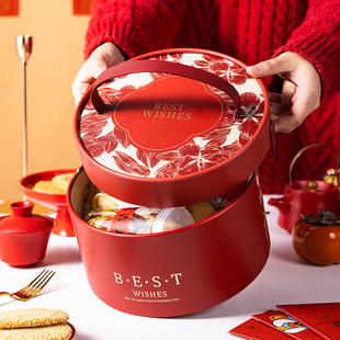 新年礼盒包装年货抱抱桶礼品物食马年空盒子糖果饼干春节红圆2026