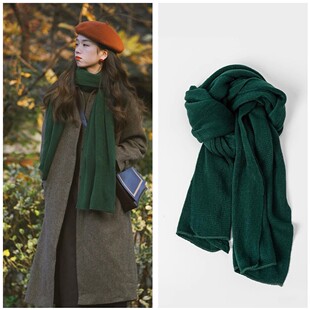 新款显白墨绿色针织毛线围巾女冬季韩版百搭加厚保暖围脖男围巾