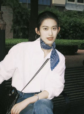 蓝色腰果真丝棉小方巾丝巾薄款女