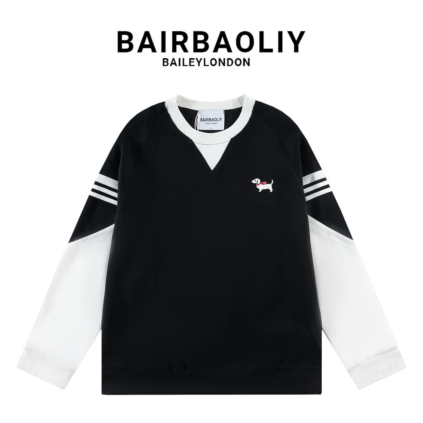 BAIRBAOLIY秋冬ins刺绣小狗经典袖杠拼色宽松休闲卫衣潮男女同款