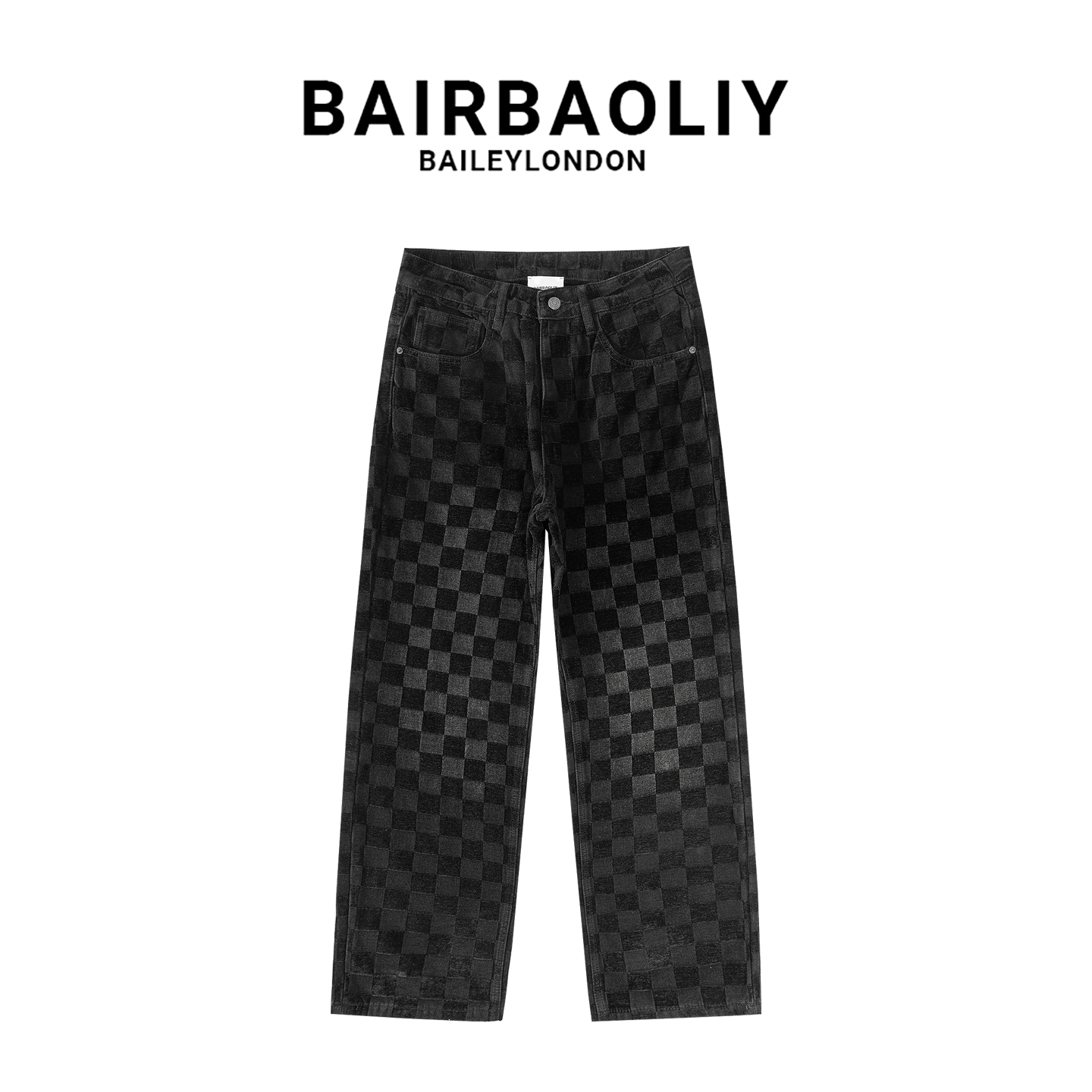 BAIRBAOLIY百搭高级感黑色棋盘格美式高端痞帅简约男士牛仔裤长裤