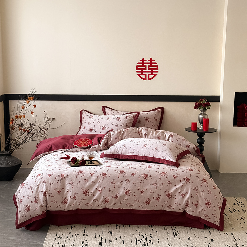 全棉色织长绒棉贡缎婚庆四件套