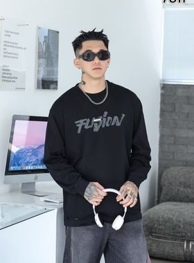 2025新款潮牌男士运动衫黑色舒适时尚卫衣美式高街宽松休闲上衣