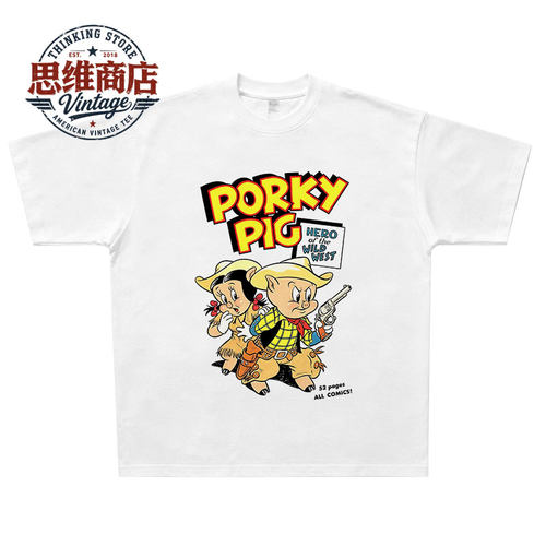 猪小弟Porky Pig西部牛仔美式复古卡通动漫波基猪vintage纯棉T恤