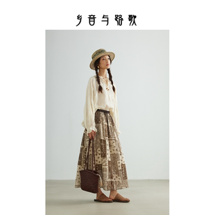 乡音与路歌 复古印花半身裙女中长款松紧腰A字裙波西米亚风长裙