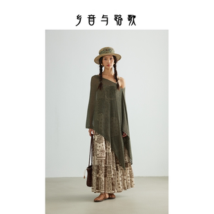 乡音与路歌 松弛感慵懒风绿色连衣裙女不规则下摆长裙轻熟优雅