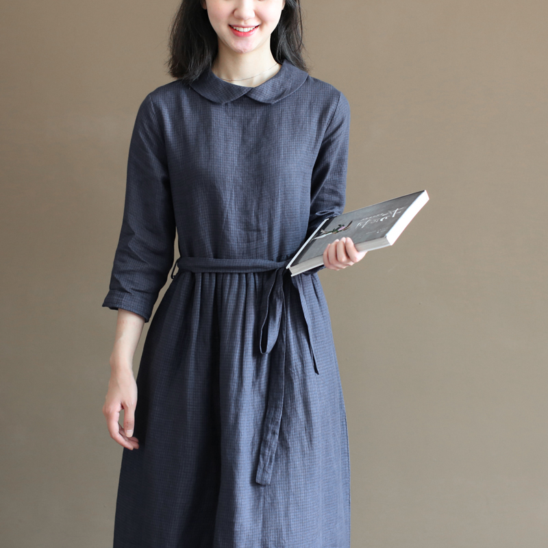 三五年Q664秋季复古色织亚麻小格子宽松森女文艺日系连衣裙长裙女