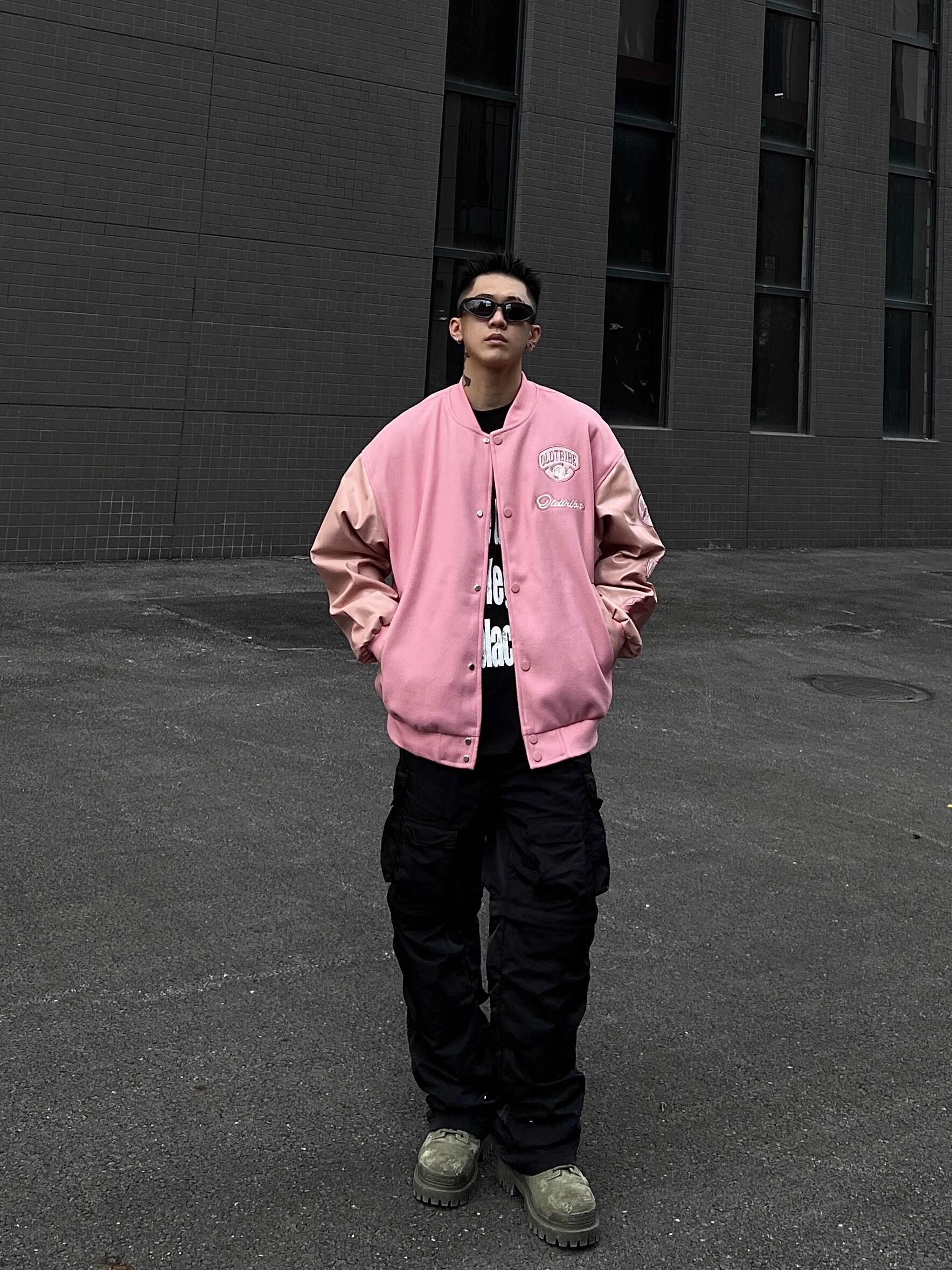 独特粉色刺绣皮袖拼接毛呢棒球服男2024秋季外套102B-JK8134P88,女装职业装,星座102B-2