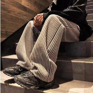 羊羔绒裤子男款秋冬季加绒加厚美式复古条纹卫裤东北防寒外穿棉裤图片
