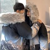 加厚雪山渐变印花大毛领连帽情侣宽松羽绒服男女102B-2Y4081P165，男装羽绒服，星座102B-2