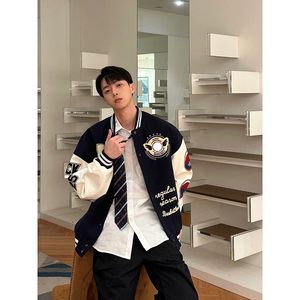 棒球服外套男秋冬美式撞色拼接潮牌情侣飞行员夹克102B2-W9913P75图片