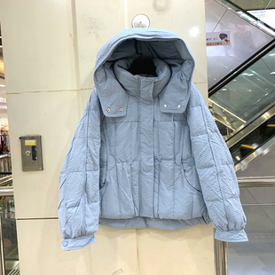 H-5288 时尚拼皮压细格休闲宽松A字连帽短装羽绒服外套欧货冬装女