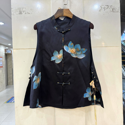 Q6453 欧货夏装2026款鸟语花香盘扣立领国风桑蚕丝香云纱马甲外套