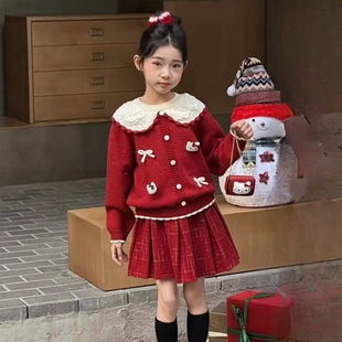 女童裙子毛毛马甲三件套装2025新款秋冬小中大儿童洋气加厚女孩潮