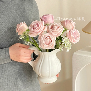 法式奶油风奶壶陶瓷花瓶摆件客厅插花水养玫瑰鲜花高级感插花花瓶