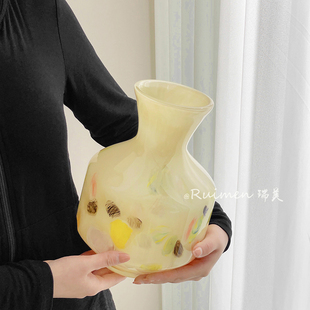 中古风玻璃花瓶创意奶玉色水养插花鲜花客厅装饰艺术摆件琉璃花器